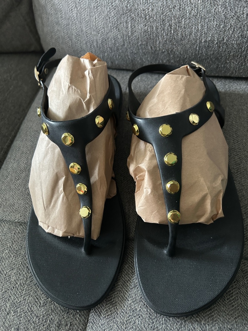 OKA b. Black T‑Strap Sandals with Gold Studs